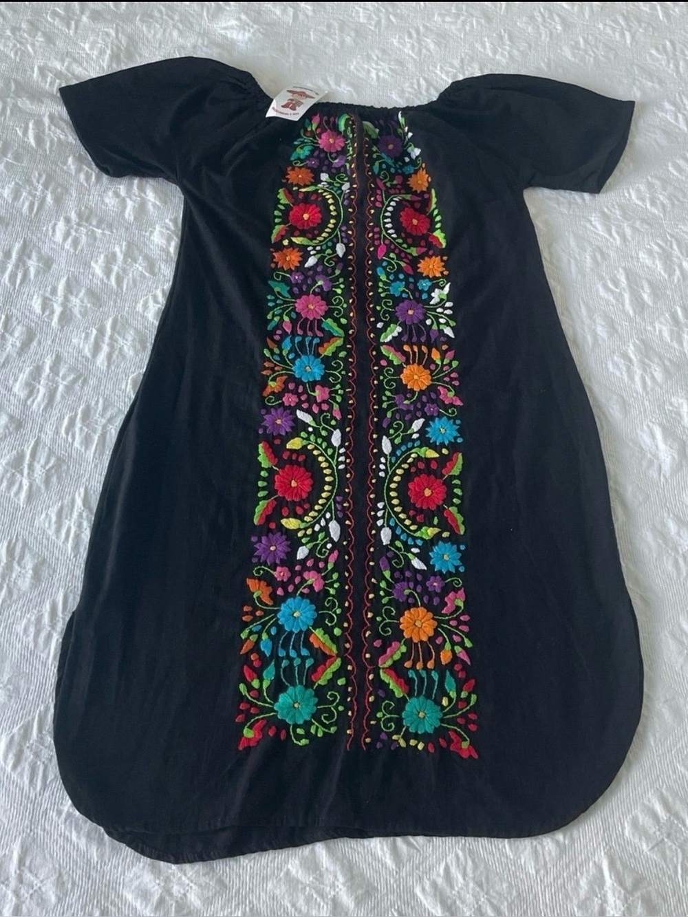 Mexican Hand Embroidery Dress, Size M, Color Black.